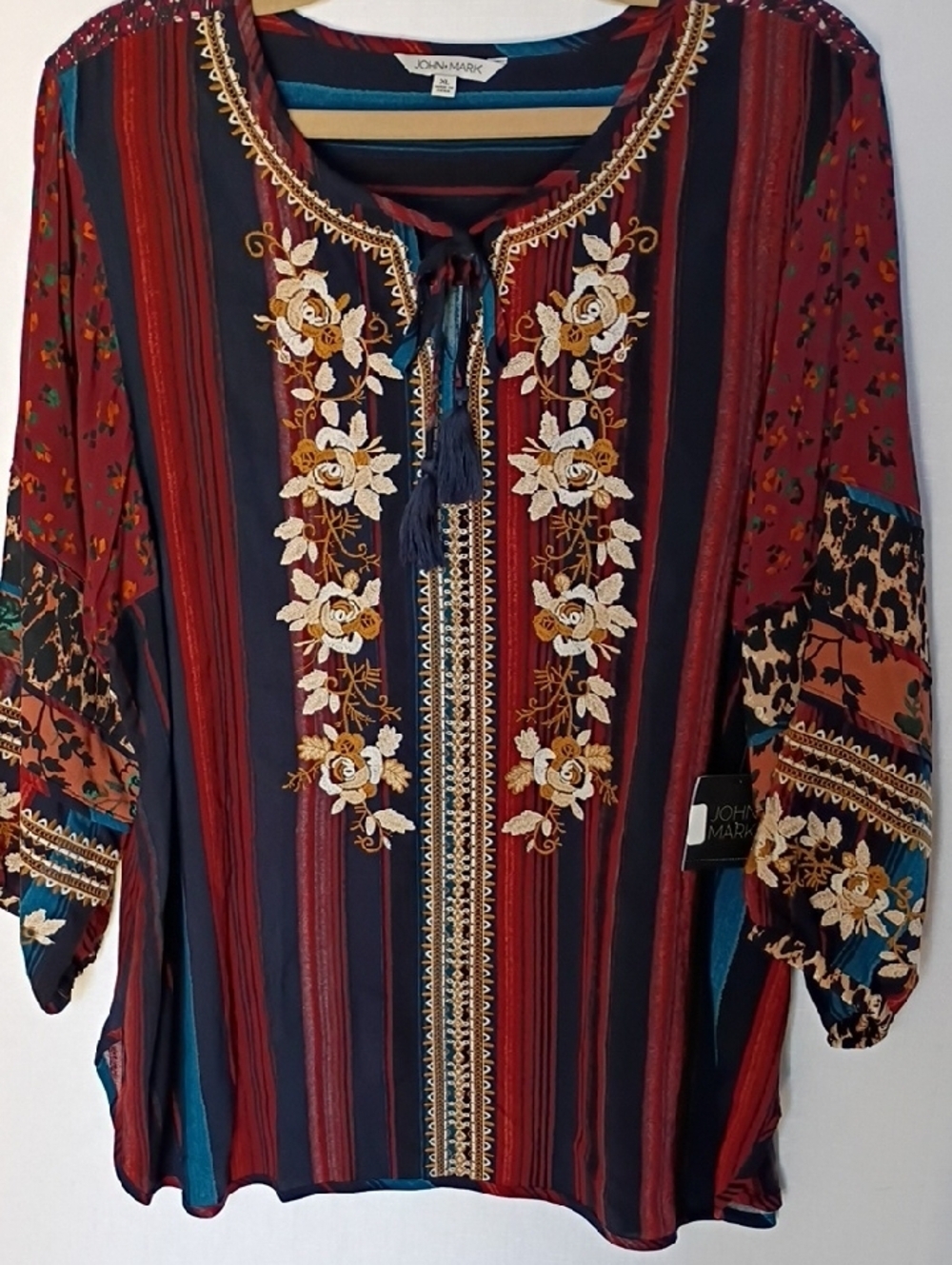 John Mark Embroidered Striped Boho Tunic in Red, Navy & Teal Size XL - Picture 5 of 13